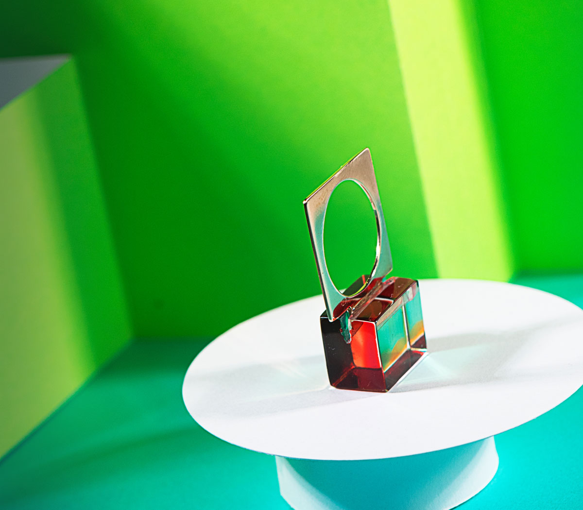 Blue green red square acrylic ring with silver square ring